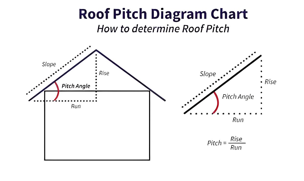 Roof pitch diagram with rise and run measurements.