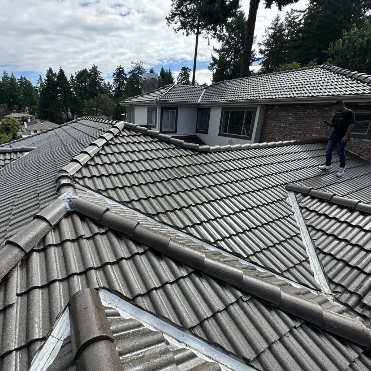 Person standing on a tiled roof.