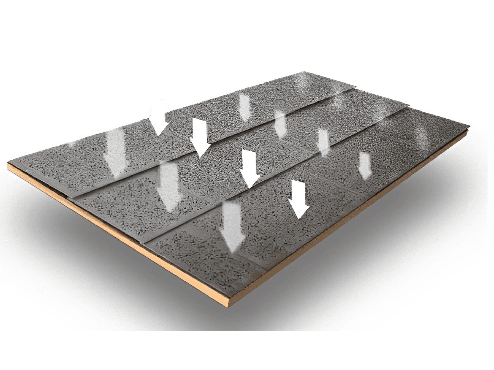 Textured gray floor tiles with directional arrows.