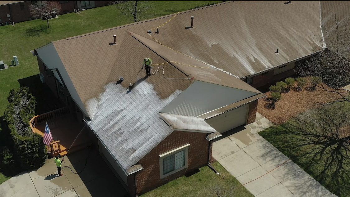 A roof that has been cleaned with water.