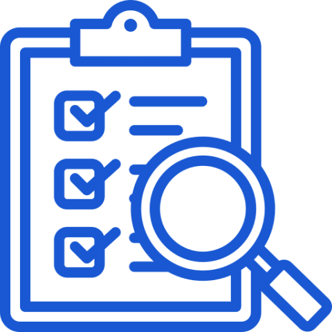 A blue magnifying glass over an empty clipboard.