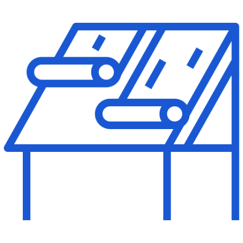 A blue drawing of a table and chairs.