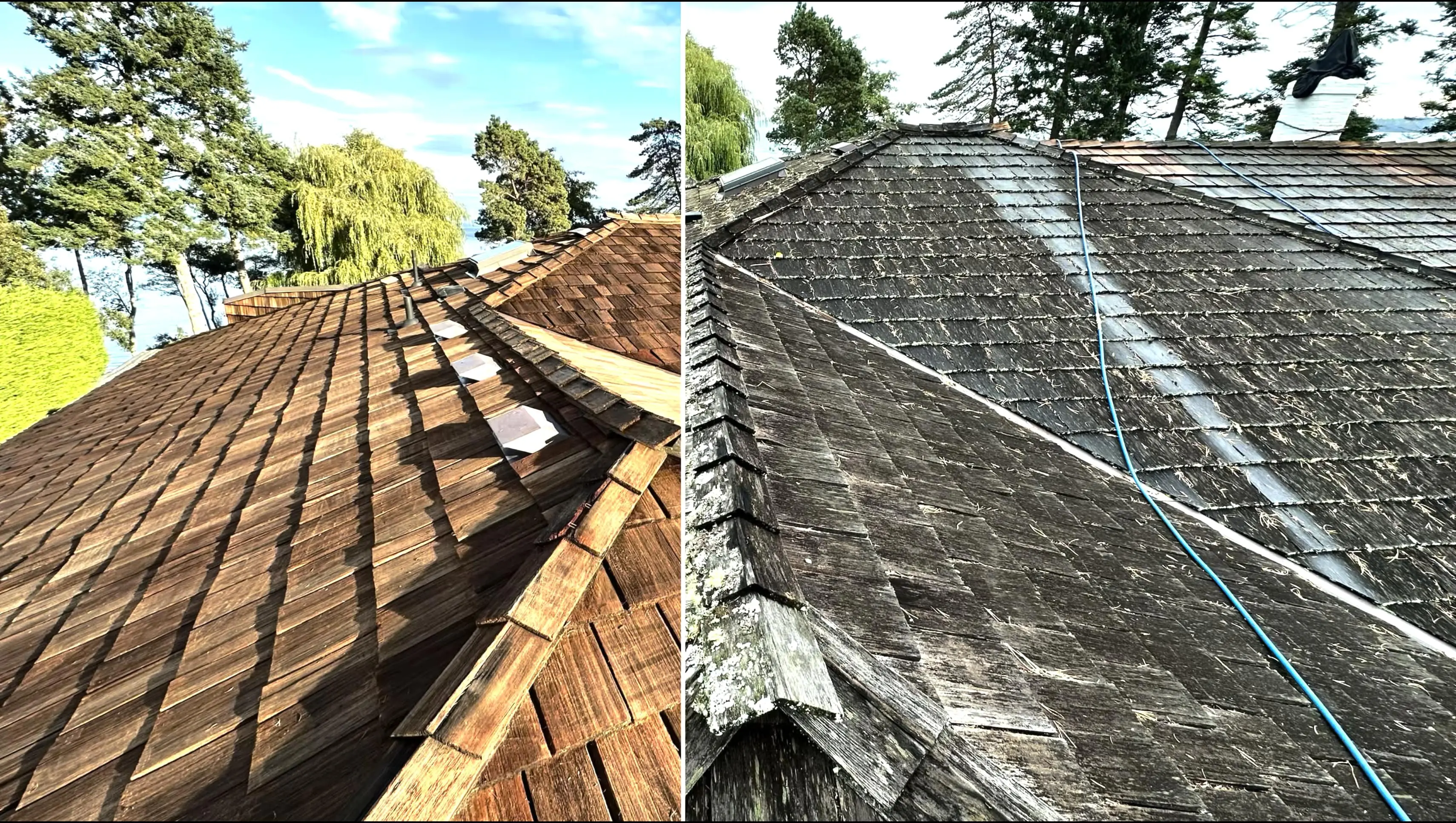 A before and after picture of the roof.